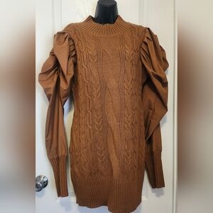 SHEIN Brown Cable Knit Puff Sleeve Sweater Dress Size Small EUC
